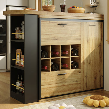 Ausziehbarer Bartisch 138-220cm Küchentisch mit Weinregal & 2 Schubladen, Stehtisch Natur Holzoptik, Multifunktionale Kücheninsel
