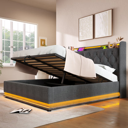 Polsterbett Doppelbett, 360-Surround-LED-Funktion, Drucktaste/App/Fernbedienung,160*200 cm,Grau Leinen-Material Hydraulisches Lagerbett, gepolstertes Kopfteil mit USB Typ-C Ladefunktion(Ohne Matratze)
