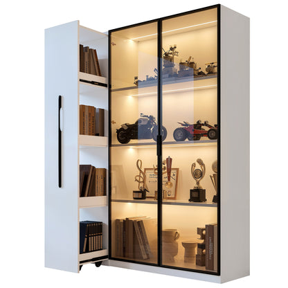 Multifunktionsschrank 110,5x35x160cm - LED-Vitrine mit bernsteinfarbenem Glas, Seitenauszug & Rollen - Weißer Hochschrank im modernen Stil