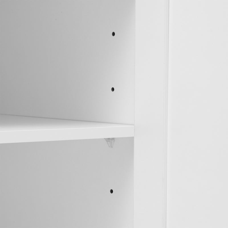 Sideboard mit weißer Holzmaserung, vier Türen, mit zwei Schubladen, Tür mit Glas. Wohnzimmer, Esszimmer. Holzfarbe und Weiß