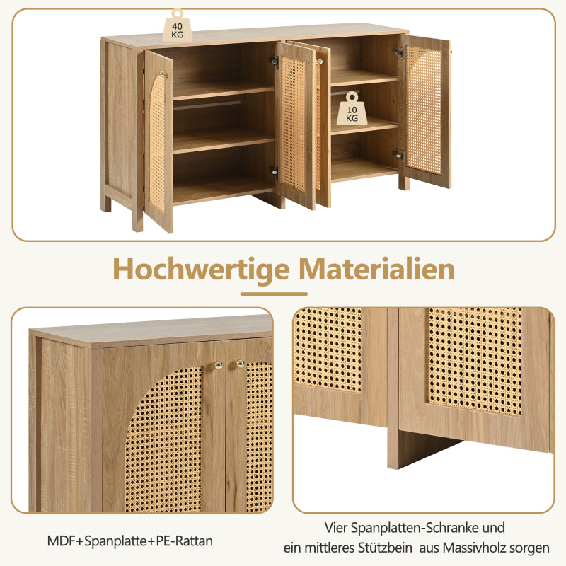 Modernes Sideboard im minimalistischen Stil 4-Rattantür, Metallgriff einfaches Buffetschrank für Esszimmer, Wohnzimmer, Küche (Naturholz)