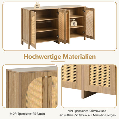 Modernes Sideboard im minimalistischen Stil 4-Rattantür, Metallgriff einfaches Buffetschrank für Esszimmer, Wohnzimmer, Küche (Naturholz)