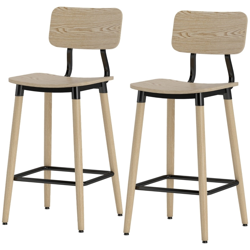 Barhocker 2er Set Barstuhl Tresenhocker mit Rückenlehne und Fußstütze, Küchenstühle mit Stahlbeine, Natur