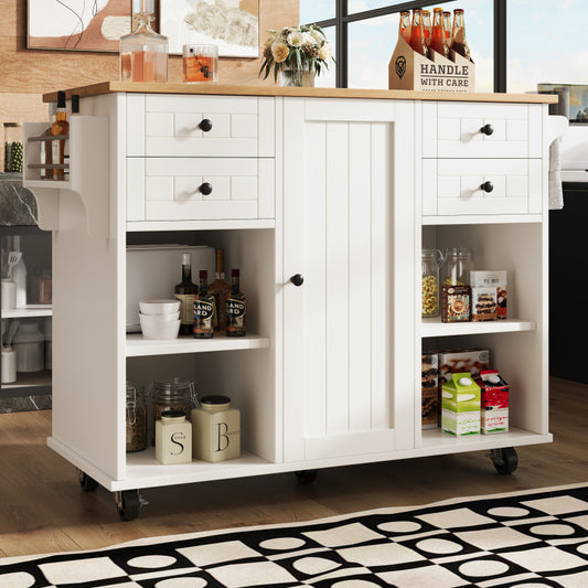 Moderne Kücheninsel (127×46×91,5cm) Küchenschrank Essschrank mit Holzmaserung Esswagen mit multifunktionalem Stauraum und herausnehmbaren Trennwänden, weiß
