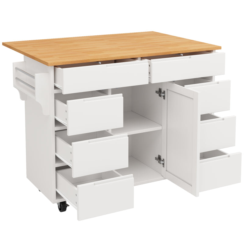 Moderne Kücheninsel, Küchenschrank, Ausziehbarer Küchenwagen mit Rollen und Arbeitsplatte, Servierwagen mit Gewürzregal und 8 Schubladen, weiß