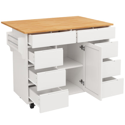 Moderne Kücheninsel, Küchenschrank, Ausziehbarer Küchenwagen mit Rollen und Arbeitsplatte, Servierwagen mit Gewürzregal und 8 Schubladen, weiß