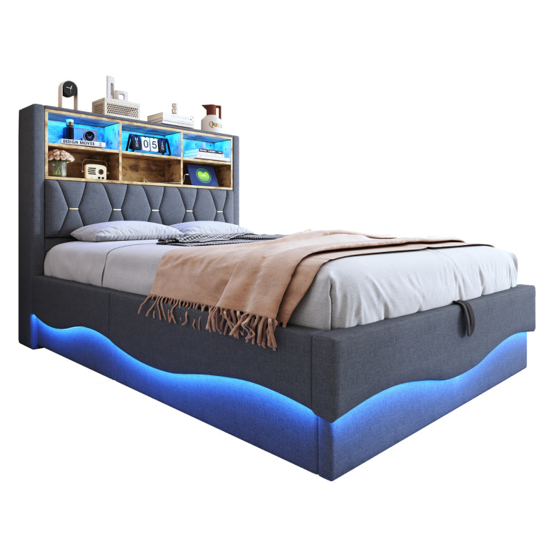 Polsterbett 140×200  mit hydraulischem Stauraum APP-gesteuertes LED-Lichtband USB-Ladeanschluss Metall-Lattenrost Leinenpolsterung Grau