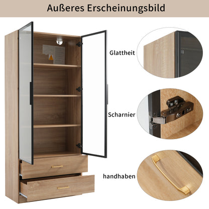 Badezimmerschrank, mittel, mit Lichtleiste, 75 cm breit, mit 2 großen Schubladen und 2 Türen, Glastür