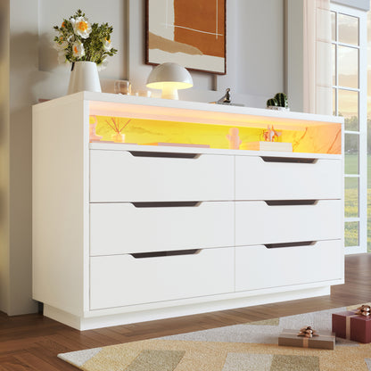 Sideboard, Kommode mit LED-Beleuchtung und 6 Schubladen, Staufach mit Marmorkorn, Moderner Schrank für Wohnzimmer und Schlafzimmer, 120x40x85cm, Weiß
