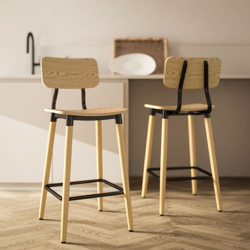 Barhocker 2er Set Barstuhl Tresenhocker mit Rückenlehne und Fußstütze, Küchenstühle mit Stahlbeine, Natur