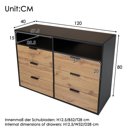 Kommode Sideboard aus Bernstein Glas, Sideboard mit Metallgriffen, Kommode mit 6 Schubladen und 2 Fächern , kippsicher, 120 x 40 x 80 cm, Eiche