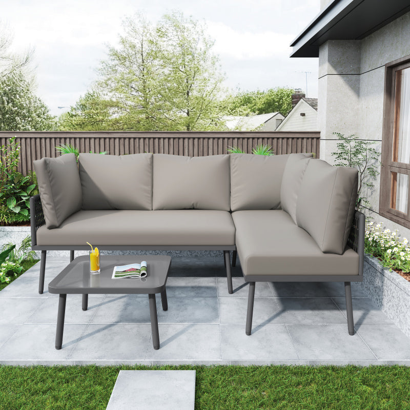 Garten-Lounge-Set aus Eisen, Gartenmöbel-Set aus grauem Seil, L-förmiges Gartenmöbel-Set, Lounge-Set aus grauem Seil mit Sitzkissen, verstellbaren Füßen, 2 Sofas und 1 Tisch