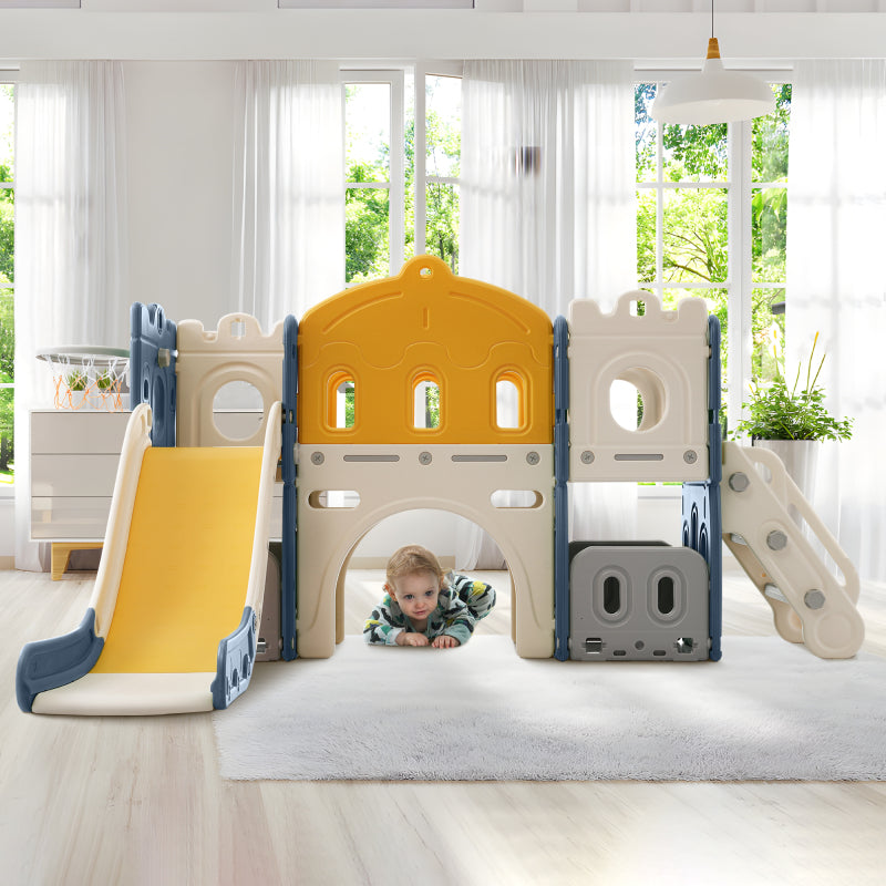 Mein kleines Schloss-Slide Kletterspielzeug für Kinder, 6 in 1 Kinderrutsche, Klettern, Bohrspiel, Stauraum, Spielgang, Basketballrahmen. Hergestellt aus HDPE (Enthält keine Meereskugeln)