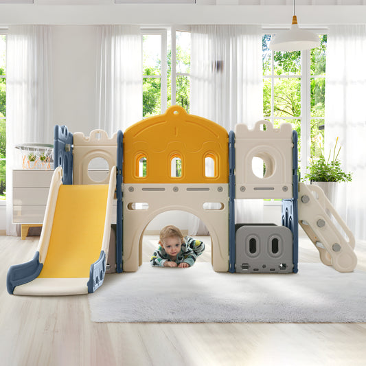 Mein kleines Schloss-Slide Kletterspielzeug für Kinder, 6 in 1 Kinderrutsche, Klettern, Bohrspiel, Stauraum, Spielgang, Basketballrahmen. Hergestellt aus HDPE (Enthält keine Meereskugeln)