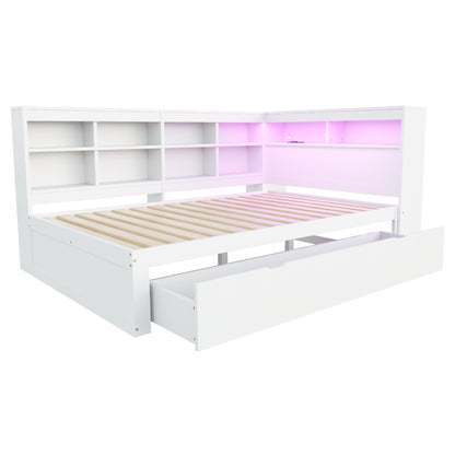 Massivholz-Doppelbett 140x200 Weiß mit LED & USB - Multifunktionales Sofa-Bett mit großen Schubladen, Ablagefächern & viel Stauraum, Weiß
