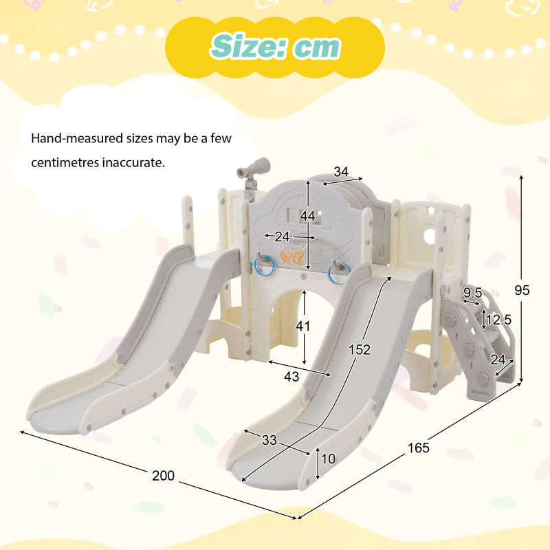 8 in 1 Kinderrutsche Kletterspielzeug, Multifunktionsrutsche mit 2 Rutschen, freistehende Rutsche, Klettern, Bohrspiel, Stauraum, Spielkorridor, Basketballkorb, Lasso-Spiel, Teleskop. Hergestellt aus