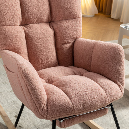 Neuer moderner Schaukelstuhl mit Polsterung und Teddystoff, mit ausziehbarer Fußstütze, Rosa