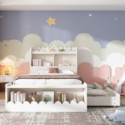 Kinderbett Einzelbett Stauraumbett mit Schubladen, Regal und Sitzbank mit Stauraum, Holzbett 90x190 cm, Weiß mit Eichefarben (Ohne Matratze)