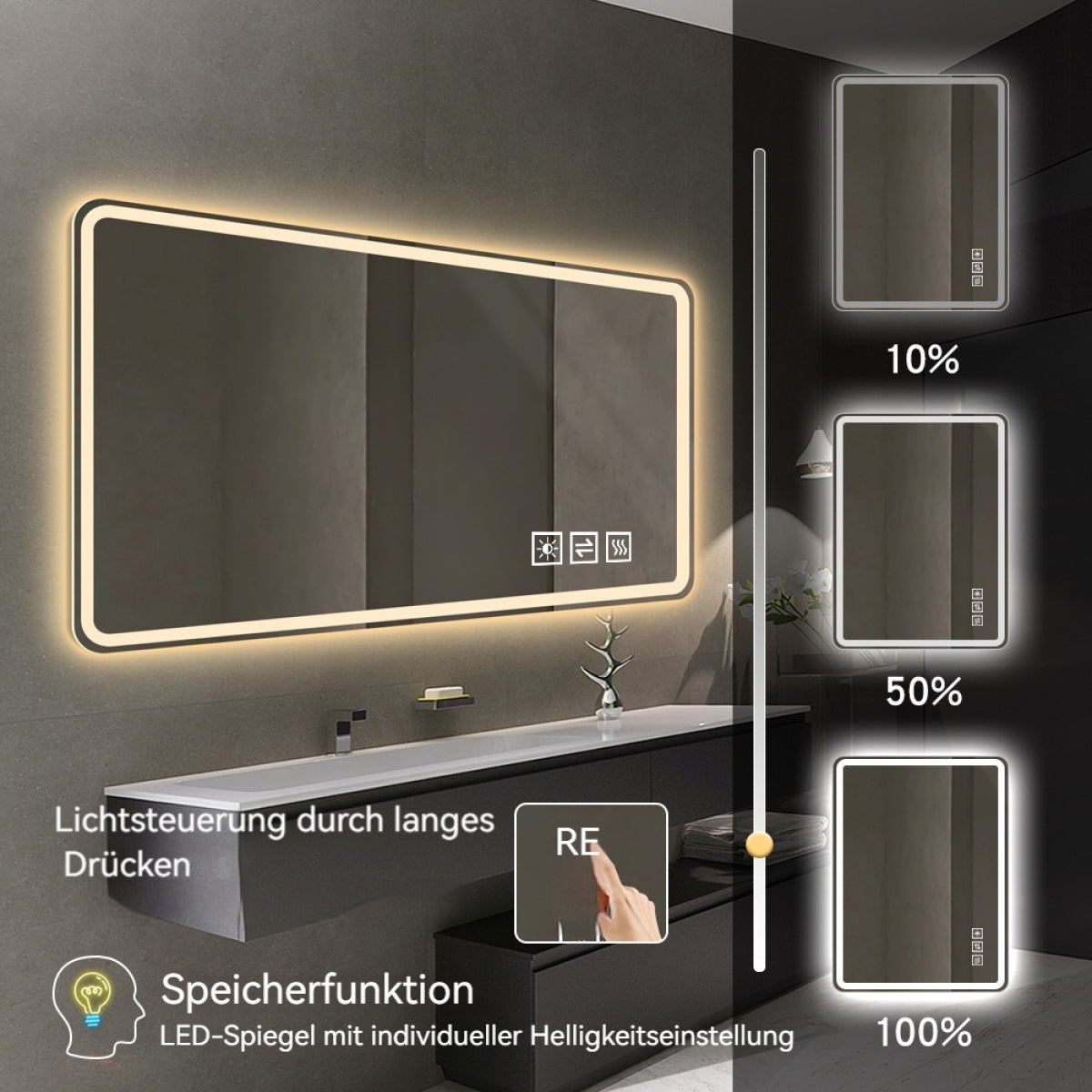 LED Badezimmerspiegel 60×100 cm – rahmenlos, dimmbar, Anti-Beschlag, energiesparend, Sicherheitsglas, Wandspiegel mit Beleuchtung
