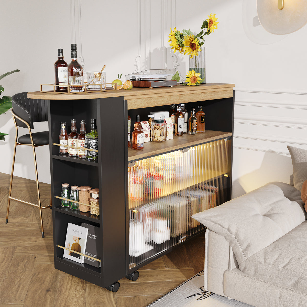 Produkttitel:  Bartisch ausziehbar 138-204cm, fahrbarer Stehtisch mit LED & Changhong-Glas, Küchentisch mit Rollen & Stauraum, Bistro Table, Schwarz