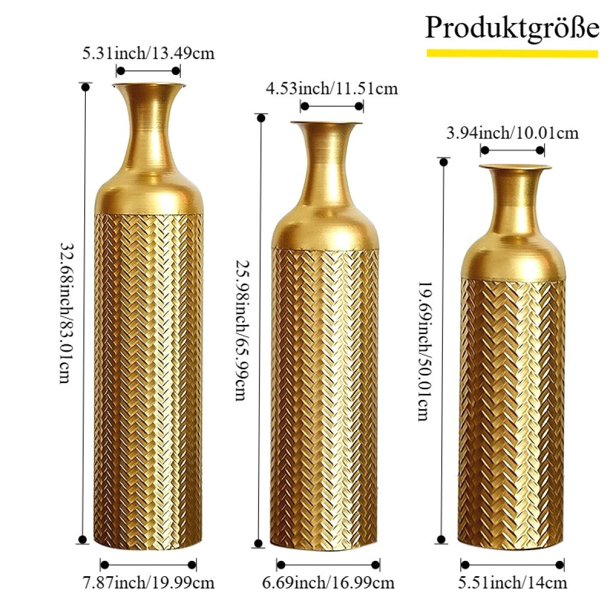 3er Set Bodenvase Metall, Gold, Retro Stil, Hohe Dekovasen 83/65/50 cm
