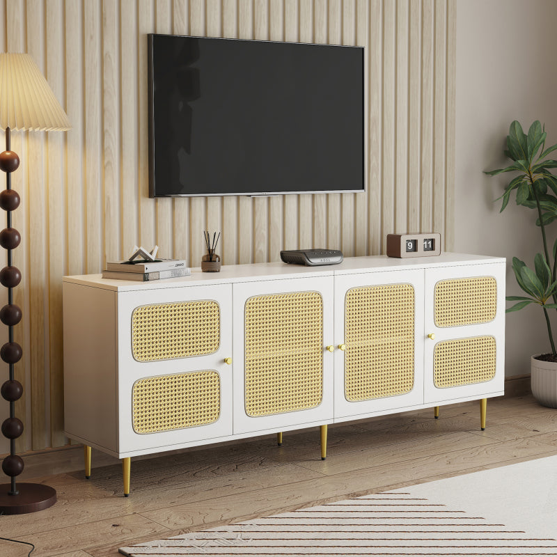 Eleganter Weißer Rattan-TV-Schrank 180x40x72 cm - Mit 4 Rattantüren, Höhenverstellbaren Regalen und Kabelmanagement, Für bis zu 80 Zoll Fernseher,TV-Schränke,Lowboards