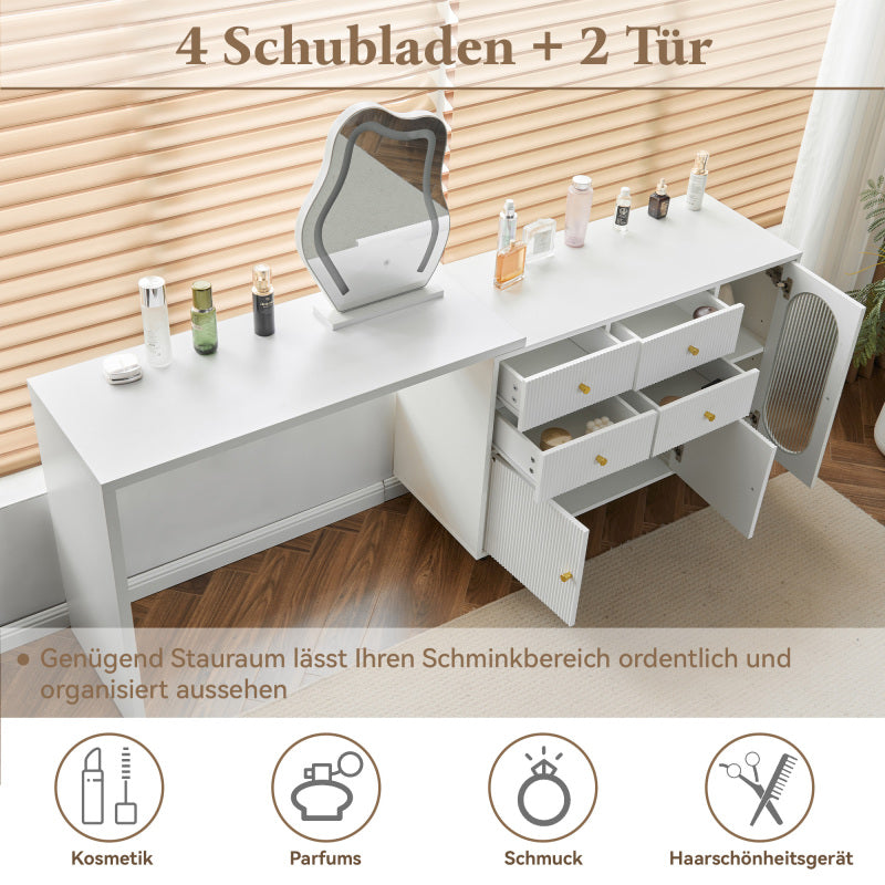 Schminktisch, Kosmetiktisch-Set mit Spiegel und Beleuchtung, ausziehbare Tischplatte, links-rechts wechselbar, 3-farbige LED-Beleuchtung, Maße: B100/H74.5/T40 cm (ohne Hocker)