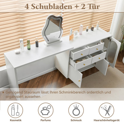 Schminktisch, Kosmetiktisch-Set mit Spiegel und Beleuchtung, ausziehbare Tischplatte, links-rechts wechselbar, 3-farbige LED-Beleuchtung, Maße: B100/H74.5/T40 cm (ohne Hocker)