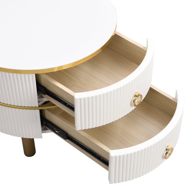 2-in-1 runder Couchtisch aus MDF, Beistelltisch mit 1 weißen Platte und 1 braunen Platte aus gehärtetem Glas, Couchtischkombination mit 2 Schubladen für das Wohnzimmer, 70*70*45 + 50*50*40 cm