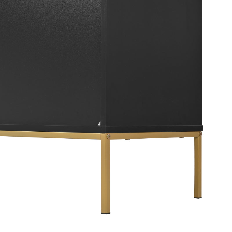 Sideboard mit vier Türen, Metallfüßen, TV-Schrank, Kleiderschrank,  geradliniges Design mit Metalllinien-Dekor, Schwarz+Golden