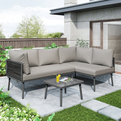 Garten-Lounge-Set aus Eisen, Gartenmöbel-Set aus grauem Seil, L-förmiges Gartenmöbel-Set, Lounge-Set aus grauem Seil mit Sitzkissen, verstellbaren Füßen, 2 Sofas und 1 Tisch