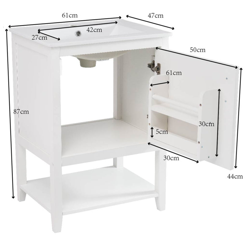 Badmöbel Einzelwaschtisch,Waschtischunterschrank 60 cm mit Keramikwaschbecken,mit Ablage,weiß