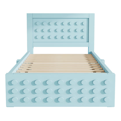 Holzbett Einzelbett 90x200 cm, Kinderbett Jugendbett mit Kreativem Block Design, Massivholz Bettgestell mit Lattenrost, mit Schubladen & Unterm Bett Stauraum, Ohne Matratze