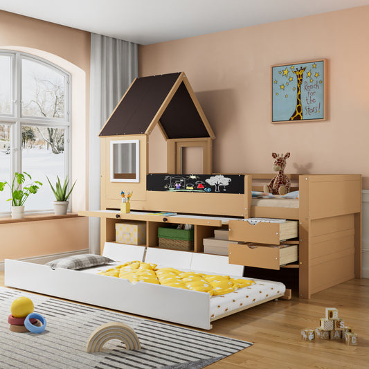Etagenbett, Baumhausbett mit Schubladen und Ausziehbett, Mit Ausziehtisch, Reichlich Stauraum, Holzbett mit Fenster, Rahmen aus Kiefer, Graffiti-Tafel, Kiefer+MDF, weiß+Natur, 90x200&90*190cm