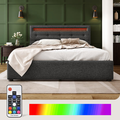 Polsterbett 140x200 cm Grau mit LED & 4 Schubladen - Doppelbett inkl. Lattenrost, Verstellbares Kopfteil & Stauraum (Ohne Matratze)