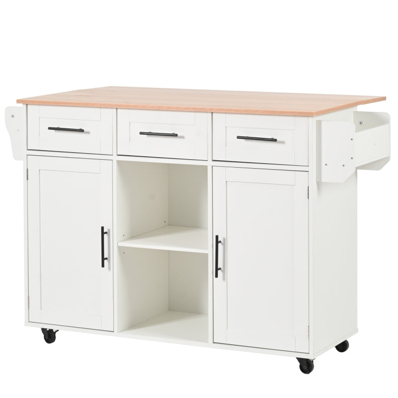 139x46(71)x91,5 cm großer Esswagen/Anrichte, Korpus weiß + Arbeitsplatte in Massivholzmaserung, klappbare Arbeitsplatte, Ablagetür, Rollen, auswechselbare Massivholzfüße, geeignet für Esszimmer, Küche