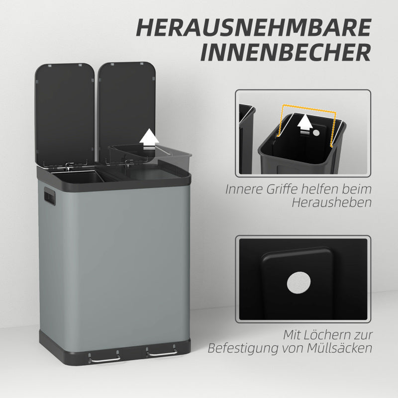 Mülleimer 2x30L Treteimer Kosmetikeimer mit Deckel und Fußpedal, Metall Müllbehälter mit Inneneimer für Wohnzimmer und Büro
