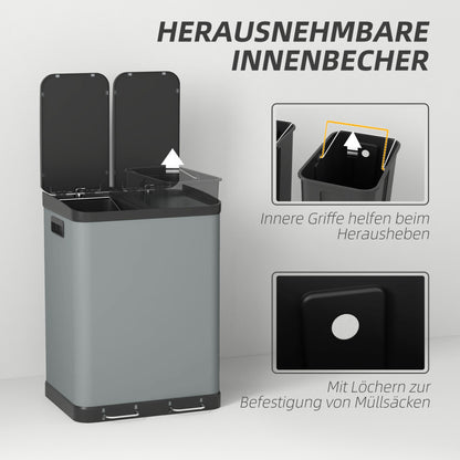 Mülleimer 2x30L Treteimer Kosmetikeimer mit Deckel und Fußpedal, Metall Müllbehälter mit Inneneimer für Wohnzimmer und Büro