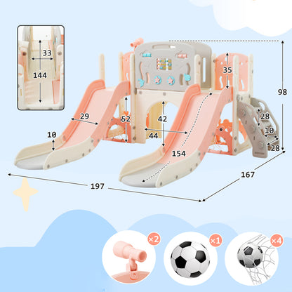 Kinderspielplatz-Set 8-in-1, Freistehendes Meerestier-Motiv-Set mit Rutsche, Bogentunnel, Basketballkorb und Teleskop, Doppelte Rutschen für Kleinkinder, Klettergerüst für Kinder