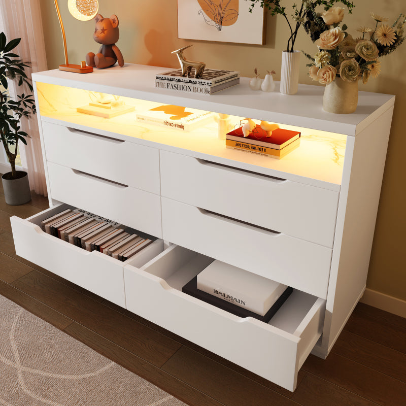 Sideboard, Kommode mit LED-Beleuchtung und 6 Schubladen, Staufach mit Marmorkorn, Moderner Schrank für Wohnzimmer und Schlafzimmer, 120x40x85cm, Weiß