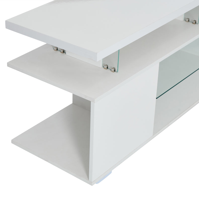 Moderner Low-Panel-Hochglanz-TV-Ständer mit LED-Beleuchtung, TV-Panel, TV-Glasschrank für 60-Zoll-Fernseher, Tische, universelle Gaming-Medienständer, Stauschränke und große Stauräume, Reinweiß