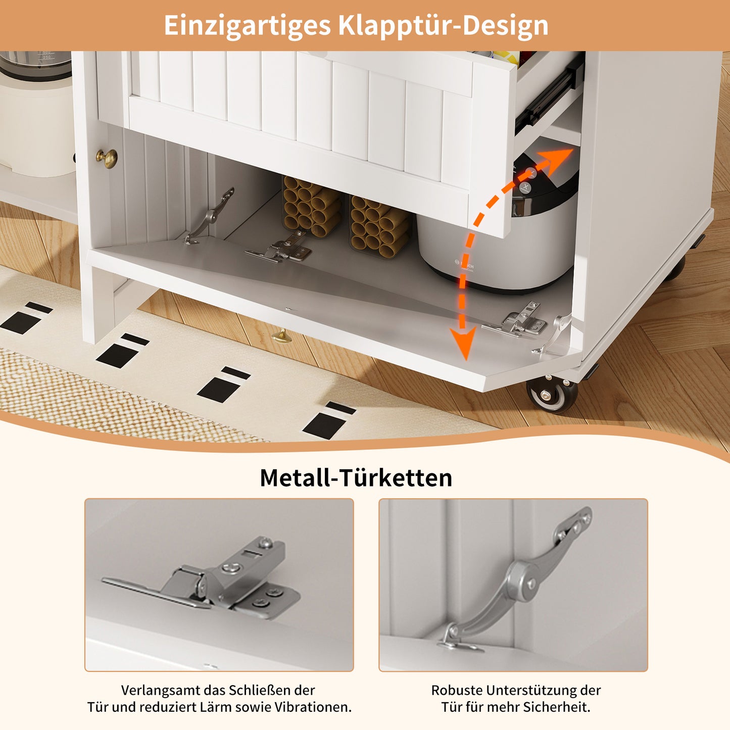 Moderne Kücheninsel, Küchenschrank, buffetschrank, Speisewagen mit Holzmaserung, buffetschrank, Multifunktionale Esstisch mit Speicherraum, Speisewagen mit Stretchfunktionsschränken, weiß