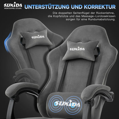 Gaming Stuhl Stoff, Ergonomischer Gaming Chair mit Fußstütze, Verstellbarer Racing Computerstuhl mit Lordosenstütze, Grau Ergonomisch PC-Stuhl
