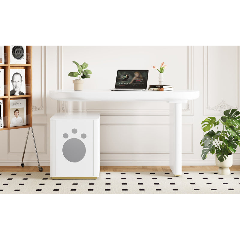 Schreibtisch mit Haustierbett, komplett lackiert, abgerundete Kurven, 5 cm dicke Beine, stabil und modern, Haustiergrößen M–XL