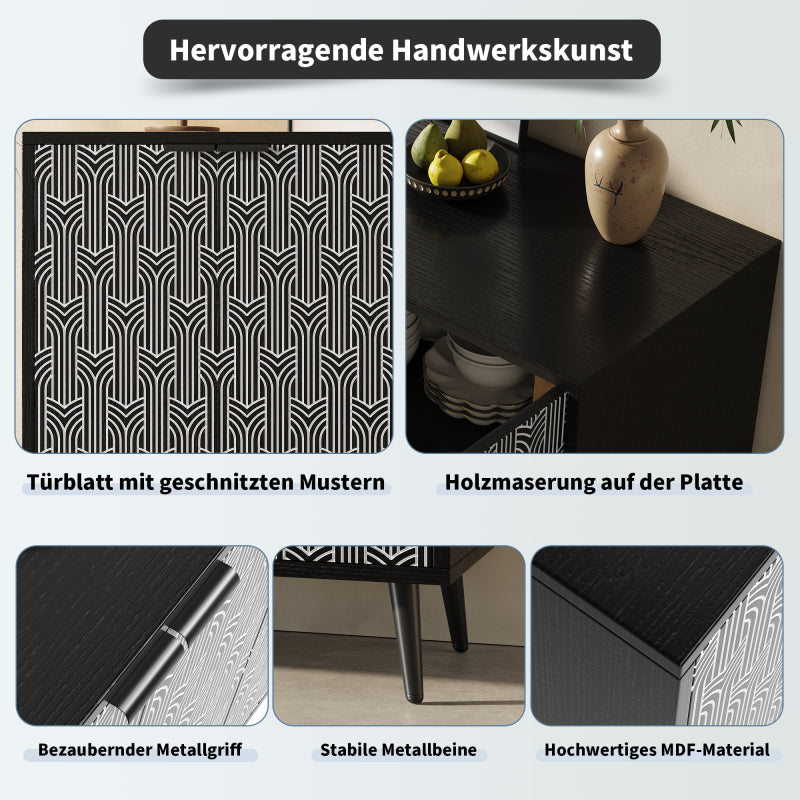 Esszimmerschrank (120×35×78cm), Esszimmer- und Wohnzimmer-Aufbewahrungsschrank, einzigartiges Schranktürdesign, freistehender Schrank, Antidumping, Fischgrätenmuster, geschnitzte Tür, schwarz