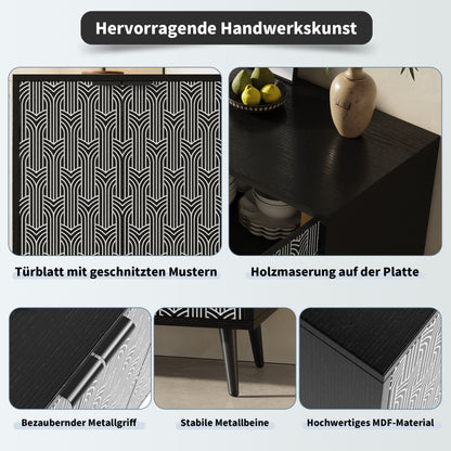 Esszimmerschrank (120×35×78cm), Esszimmer- und Wohnzimmer-Aufbewahrungsschrank, einzigartiges Schranktürdesign, freistehender Schrank, Antidumping, Fischgrätenmuster, geschnitzte Tür, schwarz