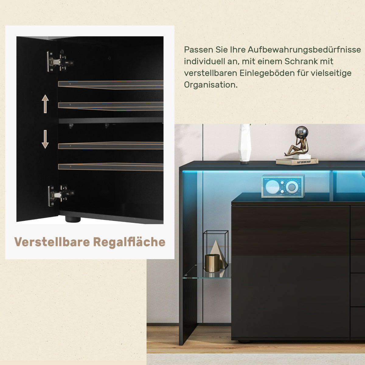 same N625P283229230W Kommode, Sideboard mit LED, Wohnzimmermöbel in Schwarz Hochglanz, Wohnzimmerschrank, Standschrank, TV-Schrank, Wohnzimmerwand, Highboard, Mehrzweckschrank, Buffetschrank Esszimmer