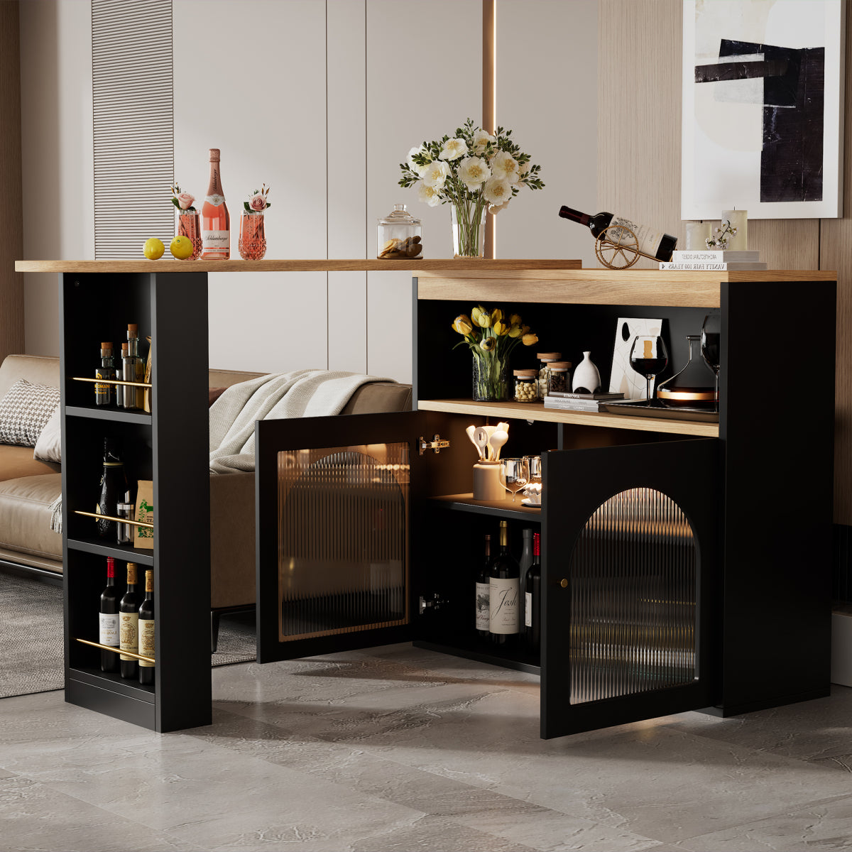 Bartisch ausziehbar 138-193cm, 360° drehbarer Stehtisch mit LED-Beleuchtung & Glasfront, Bistrotisch mit 3 Ablagen, Küchentisch, Schwarz