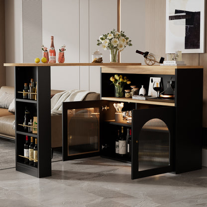 Bartisch ausziehbar 138-193cm, 360° drehbarer Stehtisch mit LED-Beleuchtung & Glasfront, Bistrotisch mit 3 Ablagen, Küchentisch, Schwarz