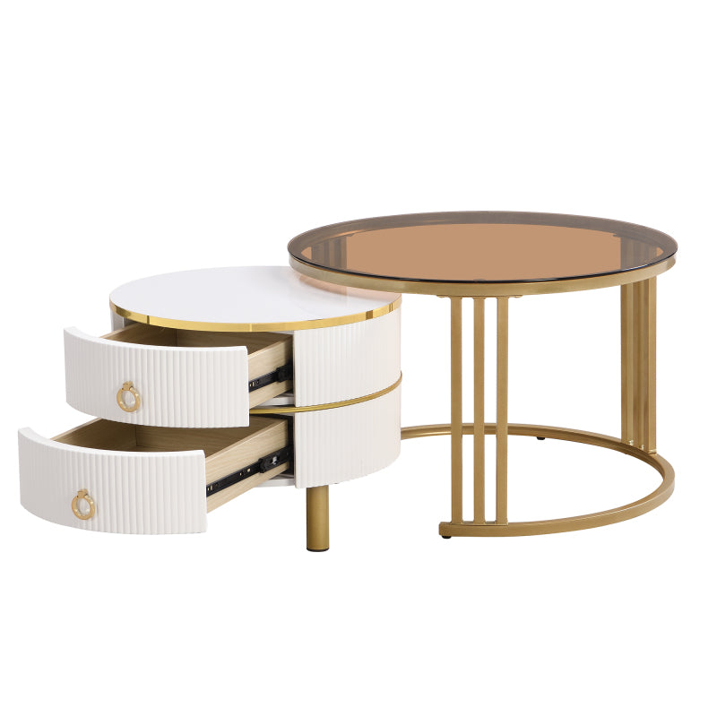 2-in-1 runder Couchtisch aus MDF, Beistelltisch mit 1 weißen Platte und 1 braunen Platte aus gehärtetem Glas, Couchtischkombination mit 2 Schubladen für das Wohnzimmer, 70*70*45 + 50*50*40 cm